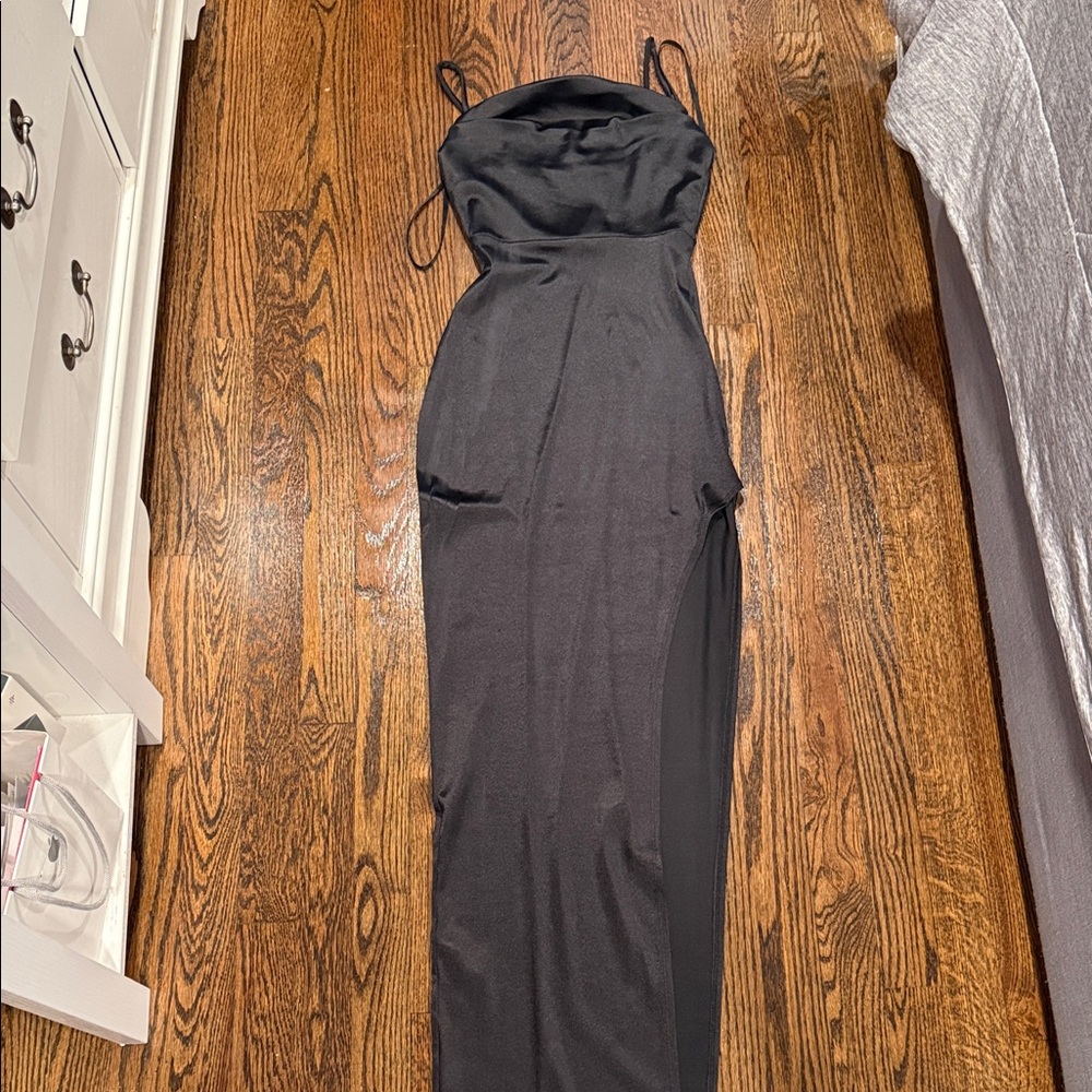 Windsor Cowl Neck High Slit Satin Column Dress